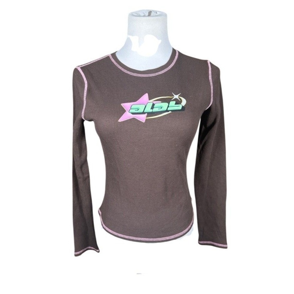 ALAB Womens Brown Waffle Knit‎ Thermal Long Sleeve Graphic Top Pink Stitching M